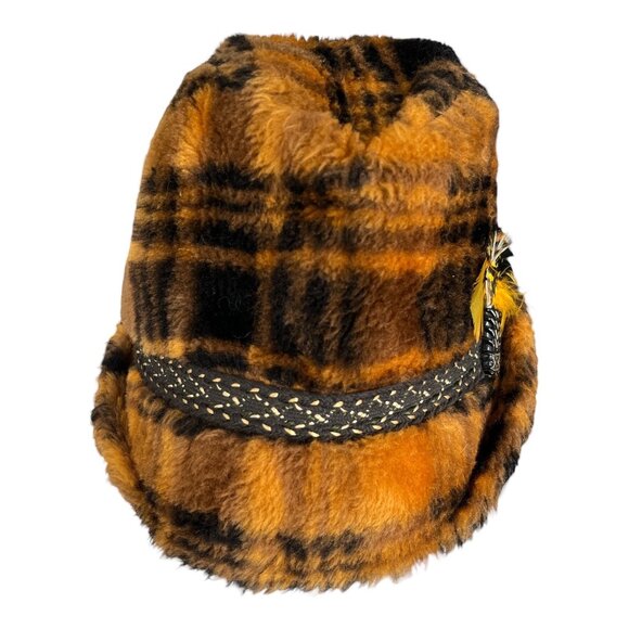 Vintage 1960s Faux Fur Plaid Fedora Hat Brown Orange w/ Feather Accent – Union M - Picture 2 of 7
